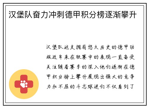 汉堡队奋力冲刺德甲积分榜逐渐攀升