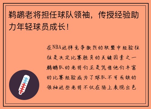 鹈鹕老将担任球队领袖，传授经验助力年轻球员成长！