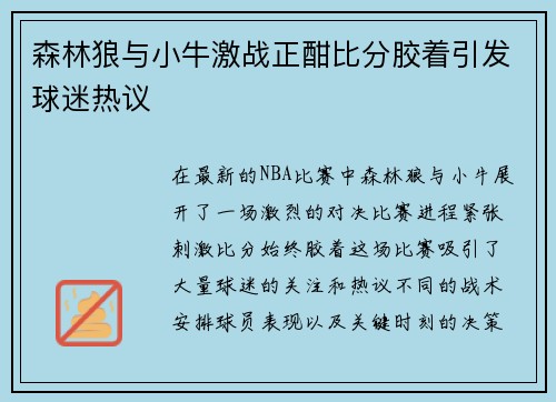森林狼与小牛激战正酣比分胶着引发球迷热议