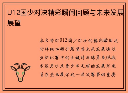 U12国少对决精彩瞬间回顾与未来发展展望