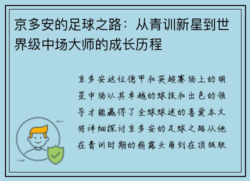 京多安的足球之路：从青训新星到世界级中场大师的成长历程